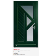 UNILUX Model 2222 Fir Green Door, Clear Glass, Stainless Handle, Security Lock, Modern Timber Entry Door